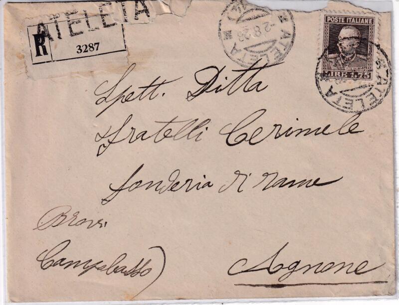 Storia postale. Raccomandata da Ateleta R 3287 del 02/08/1928 a Agnone 03/08/1928