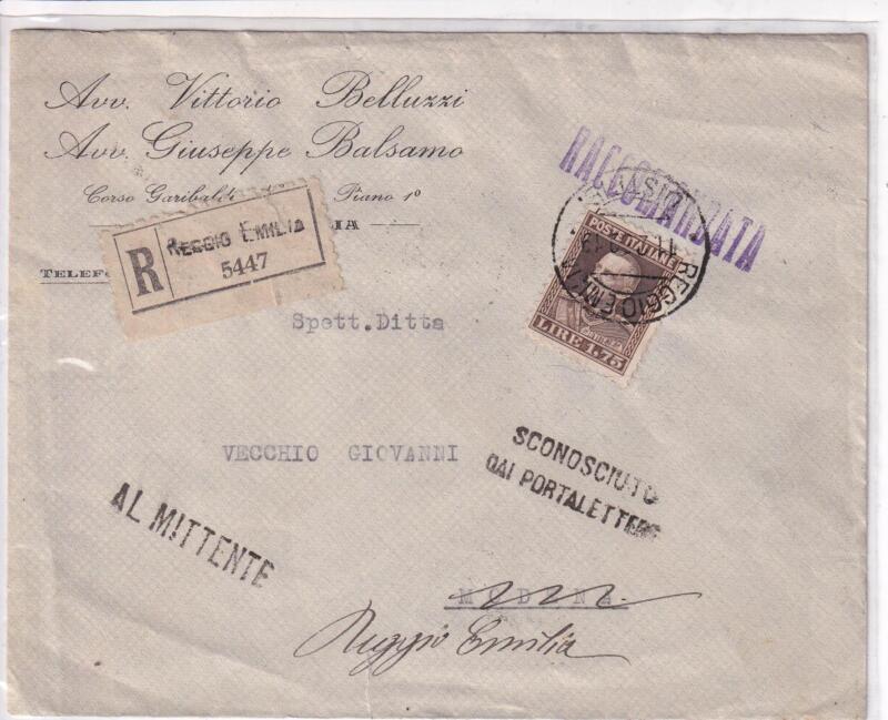 Storia postale. Raccomandata da Reggio Emilia R 5447 del 11/02/1930 a Modena 11/02/1930