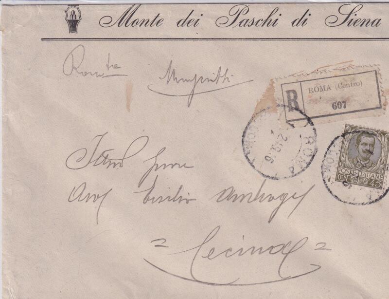 Storia postale. Raccomandata da Roma centro R 607 del 01/02/1916 a Cecina (Pisa) 02/02/1916