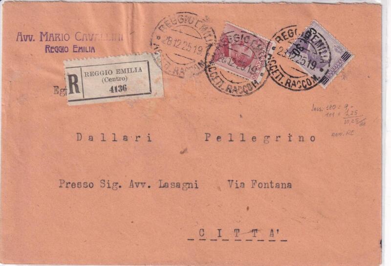 Storia postale. Raccomandata da Reggio Emilia R 4136 del 28/12/1925 a Città 28/12/1925