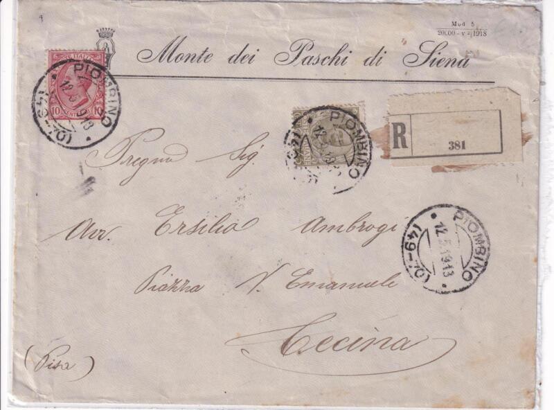 Storia postale. Raccomandata da Piombino R 381 del 12/05/1919 a Cecina (Pisa) 02/02/1916