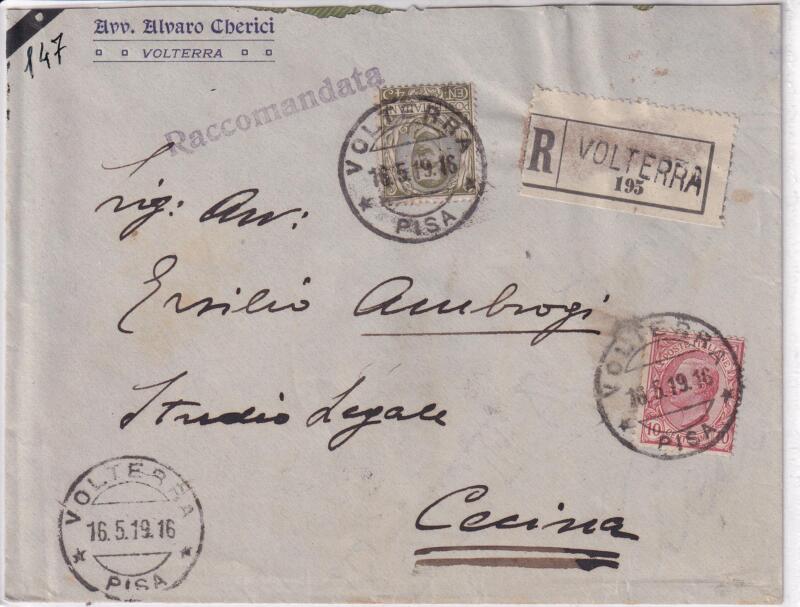 Storia postale. Raccomandata da Volterra R 195 del 16/05/1919 a Cecina (Pisa) 16/05/1919