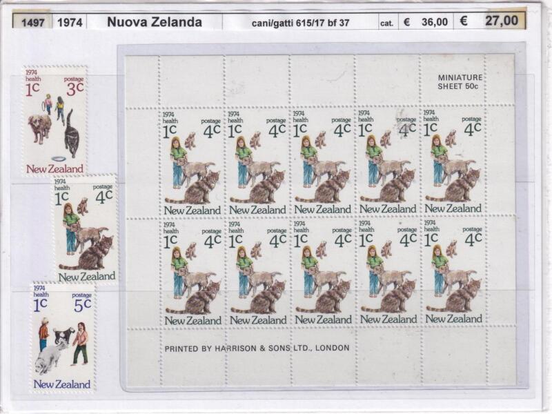 Francobolli e Foglietto Nuova Zelanda, Anno 1974, Cani e Gatti (cat. n. 615-617, BF n. 37)
