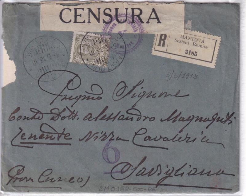 Storia postale. Raccomandata da Mantova R 3185 del 05/05/1918 a Savigliana a Militare (tariffa ridotta)
