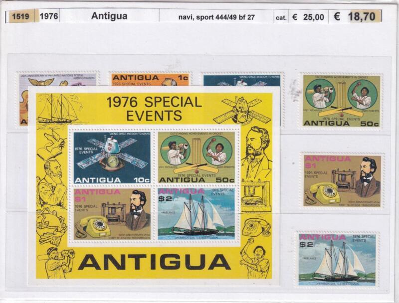 Francobolli e Foglietto Antigua, Anno 1976, Eventi Speciali 1976 (cat. n. 444-449, Bf n. 27)