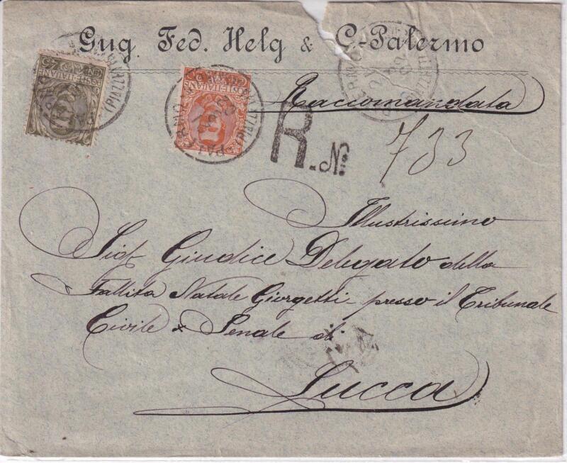 Storia postale. Assicurata. Raccomandata da Paterno R 733 del 21/08/1902 a Lucca 21/08/1902