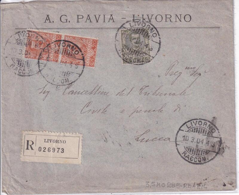 Storia postale. Raccomandata da Livorno R 26973 del 10/03/1904 a Lucca 08/11/1924