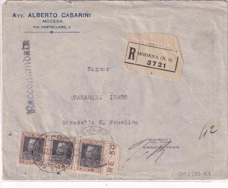 Storia postale. Raccomandata da Modena R 3721 del 01/10/1928 a Modena 02/10/1928