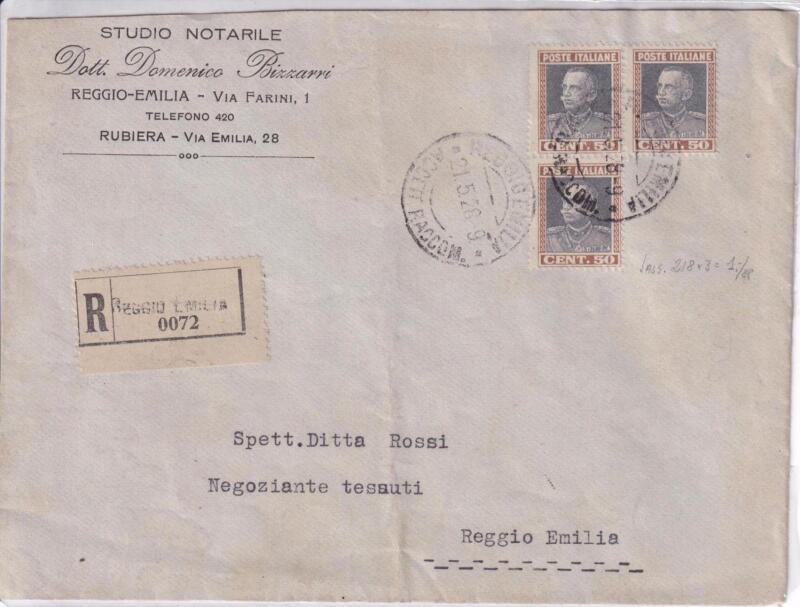 Storia postale. Raccomandata da Reggio Emilia R 0072 del 1/05/1928 a Reggio Emilia 01/05/1928