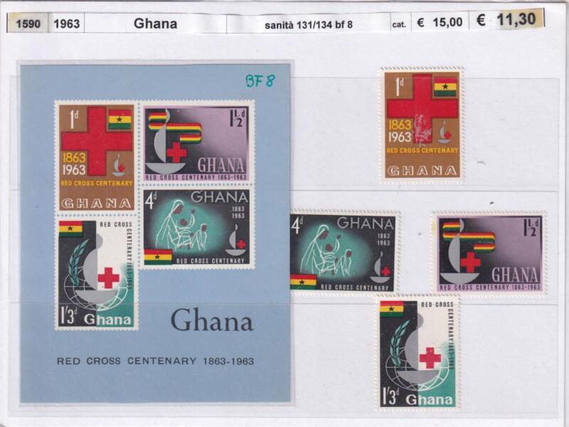 Francobolli e Foglietto Ghana, Anno 1963, Centenario Croce Rossa (cat. n. 131-134, BF n. 8)