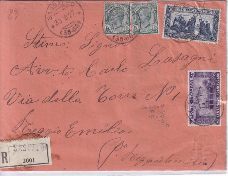 Storia postale. Raccomandata da Sassalbo R 2001 del 30/09/1927 a Reggio Emilia 16/05/1930