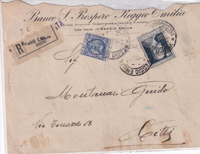 Storia postale. Raccomandata da Reggio Emilia R 0006 del 03/10/1927 Città 03/10/1927