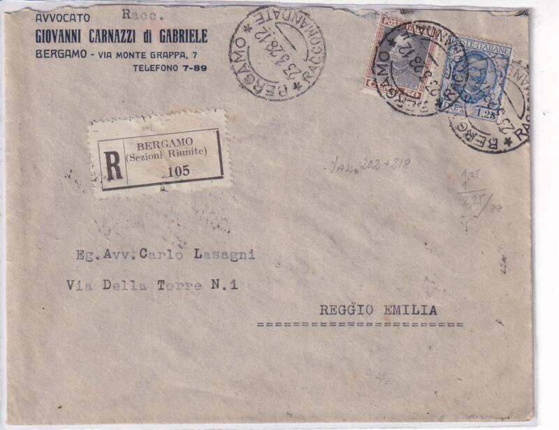 Storia postale. Raccomandata da Bergamo R 105 del 23/03/1928 a Reggio Emilia 23/03/1928