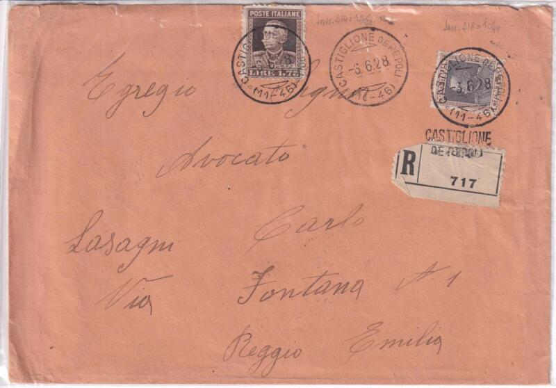 Storia postale. Raccomandata da Castiglioni de Pepoli R 717 del 06/06/1928 a Reggio Emilia 07/06/1928