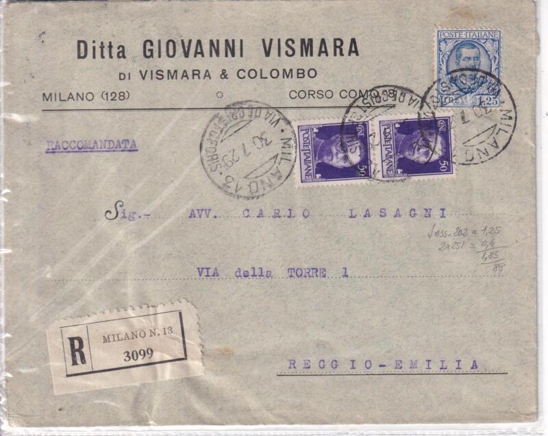 Storia postale. Raccomandata da Milano N. 13 R 3099 del 30/07/1929 a Reggio Emilia 30/07/1929