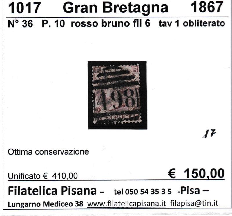 Francobollo Gran Bretagna, Anni 1867-1880, Effigie della Regina Vittoria Pence 10 bruno rosso (cat. n. 36)