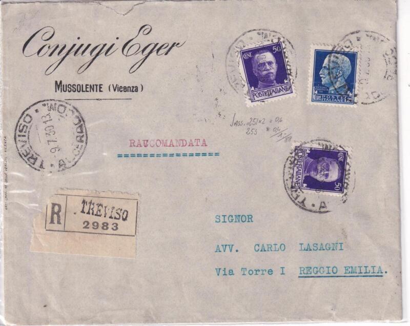 Storia postale. Raccomandata da Treviso R 2983 del 09/07/1930 a Reggio Emilia 10/07/1930