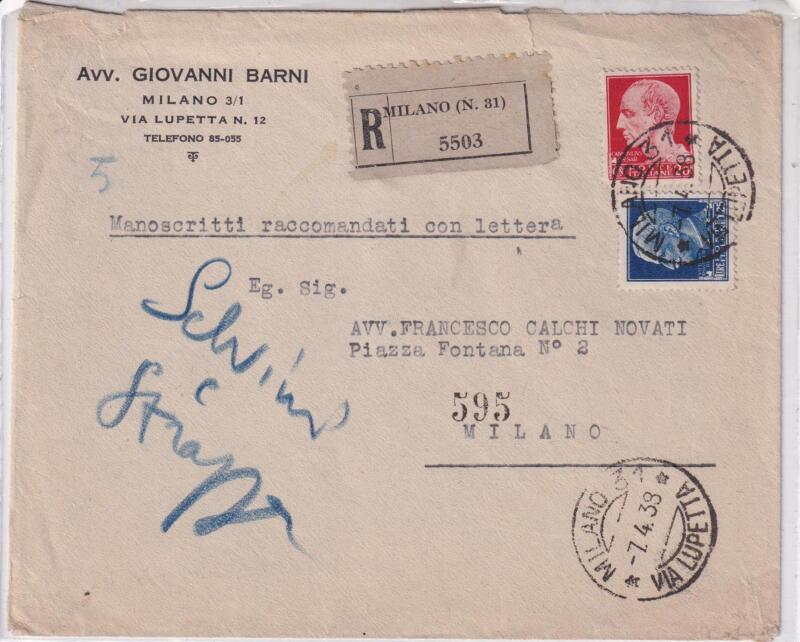 Storia postale. Raccomandata da Milano N. 31 R 5503 del 07/04/1939 a Reggio Emilia 06/12/1931