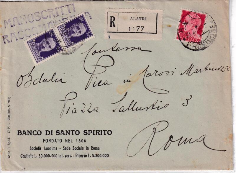 Storia postale. Raccomandata da Alatri R 1177 del 28/02/1942 a Roma