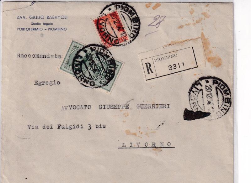 Storia postale. Raccomandata Espresso da Piombino R 3311 del 20/12/1937 a Livorno 20/12/1937
