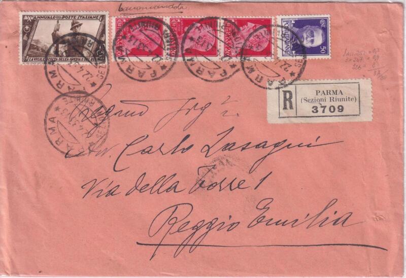Storia postale. Raccomandata da Parma R 3709 del 22/04/1933 a Reggio Emila 22/04/1933