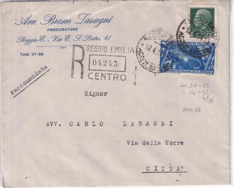 Storia postale. Raccomandata da Reggio Emilia R 4243 del 12/04/1934 a Reggio Emilia 12/04/1934