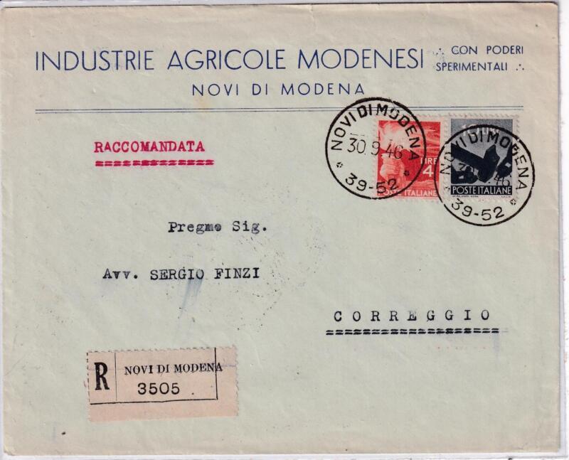 Storia postale. Raccomandata da Novi di Modena R 3505 30/09/1946 a Correggio 02/10/1946
