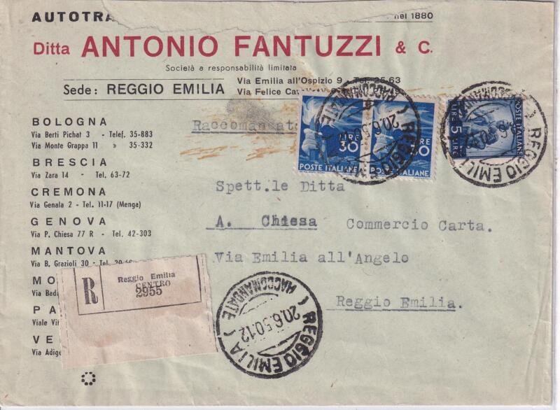Storia postale. Raccomandata da Reggio Emilia R 2955 20/06/1950 a Reggio Emilia 21/06/21950