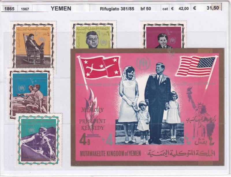 Francobolli e Foglietto Yemen, Anno 1967, In memoria del Presidente Kennedy (cat. n. 381-385, BF n. 50)