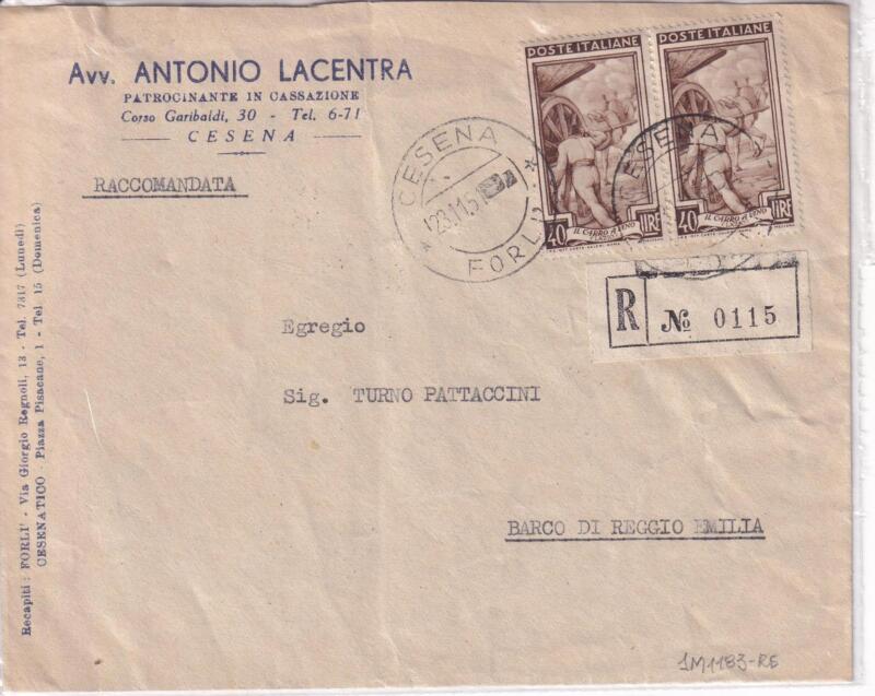 Storia postale. Raccomandata da Cesena R 0115 23/11/1951 a Barco Reggio Emilia 21/06/21950
