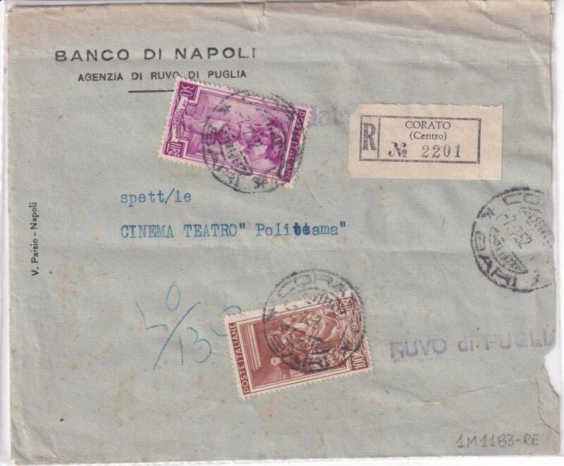 Storia postale. Raccomandata da Corato R2201 07/07/1952 a Ruvo di Puglia 08/07/1952