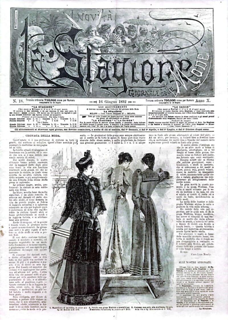 Rivista La Stagione Giornale delle Mode  n. 18 del 16 giugno 1892, Anno X