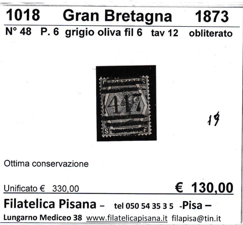 Francobollo Gran Bretagna, Anni 1872-1873, Effigie della Regina Vittoria Pence 6 grigio oliva (cat. n. 48)