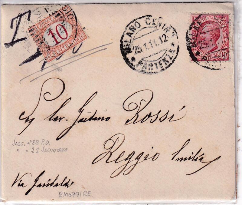 Storia postale. Lettera da Milano 25/11/1911 a Reggio Emilia 26/11/1911