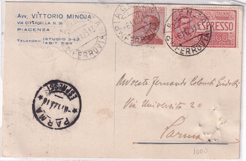 Storia postale. Cartolina postale Espresso da Piacenza 06/11/1923 a Parma 06/11/1923