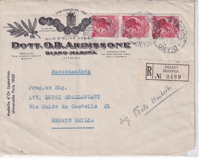 Storia postale. Raccomandata da Diano Marina R 0489 28/03/1956 Reggio Emilia 29/03/1955