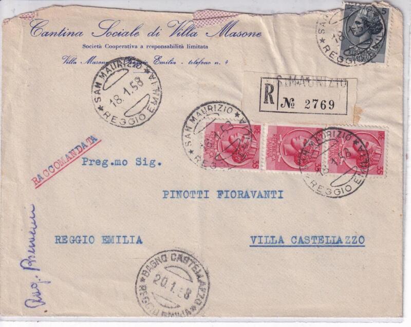 Storia postale. Raccomandata da San Maurizio R 2765 18/01/1958 Villa Castellazzo 20/01/1958