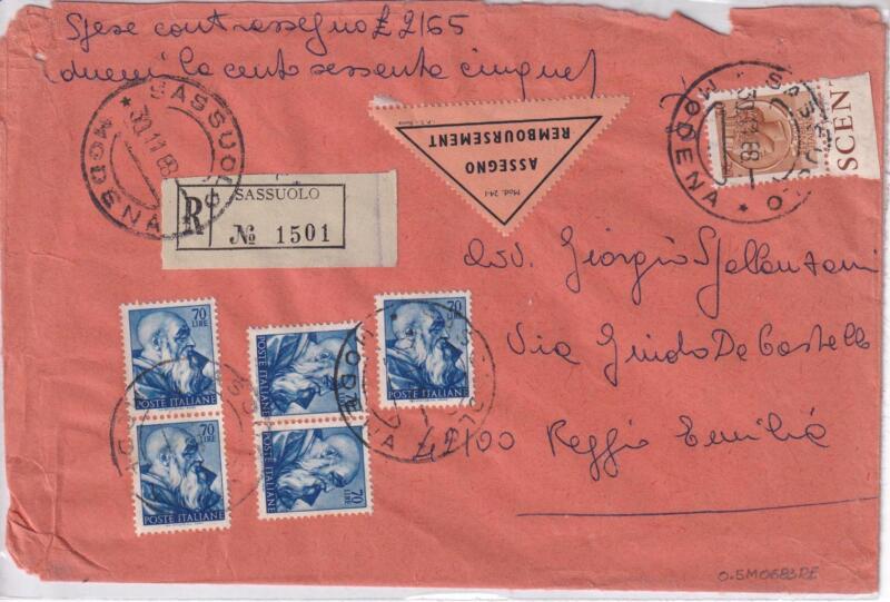 Storia postale. Raccomandata da Sassuolo R 1501 30/11/1968 Reggio Emilia 30/11/1968