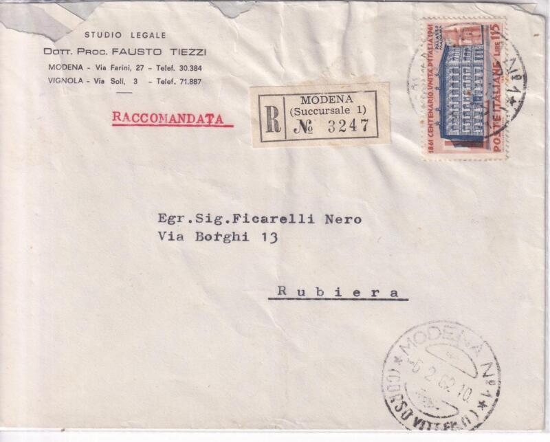 Storia postale. Raccomandata da Modena R 3247 06/02/1962 Rubiera 07/02/1962