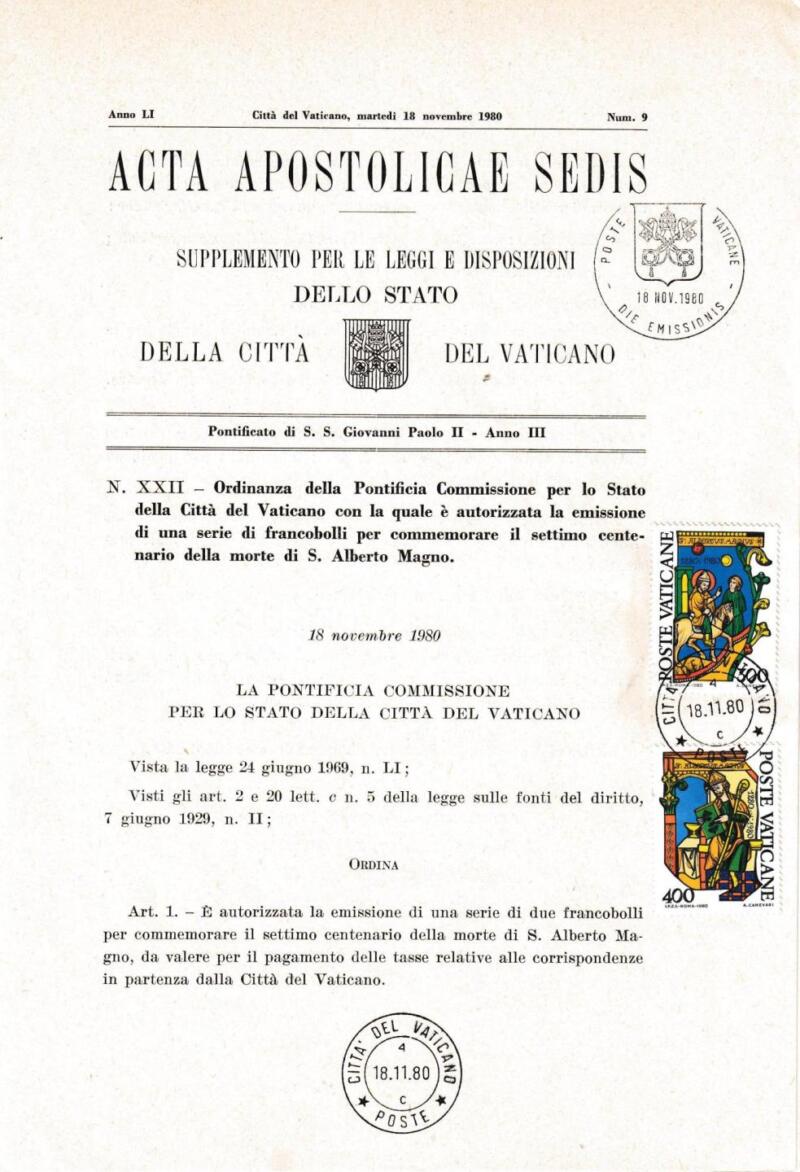 Acta Apostolicae Sedis Emissione Serie Francobolli celebrativi del Settimo anniversario della morte di Sant'Alberto Magno