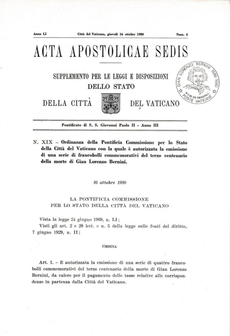 Acta Apostolicae Sedis Emissione Serie Francobolli celebrativi del Terzo centenario della morte di Gian Lorenzo Bernini