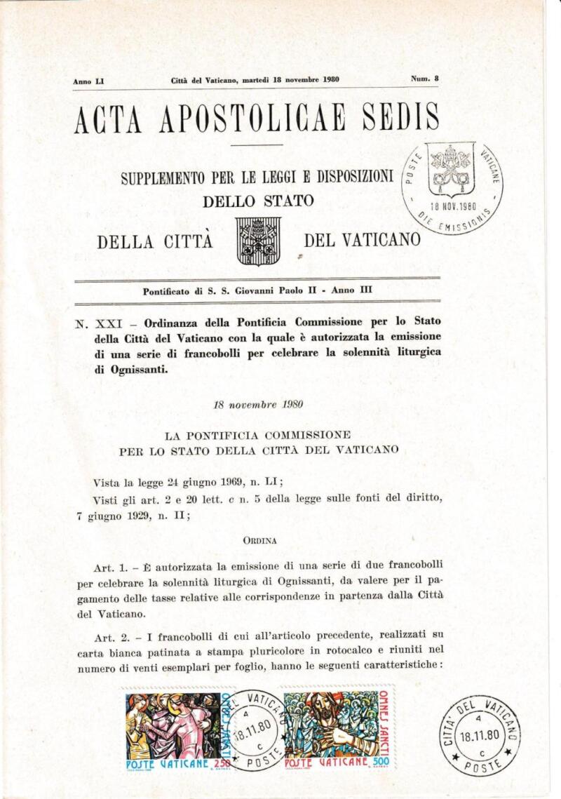 Acta Apostolicae Sedis Emissione Serie Francobolli celebrativi della Solennità liturgica di Ognissanti