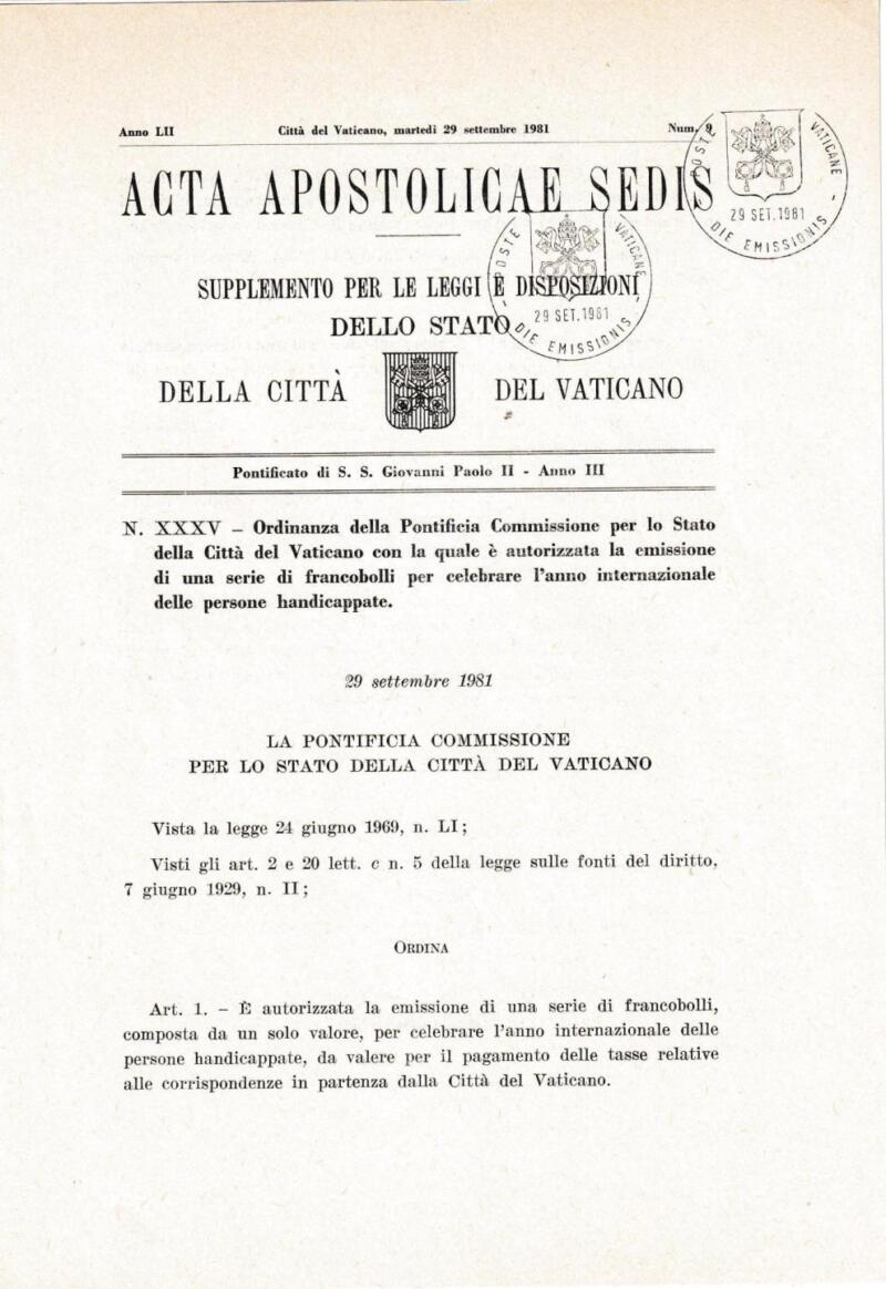 Acta Apostolicae Sedis Emissione Francobollo celebrativo dell'Anno internazionale delle persone handicappate