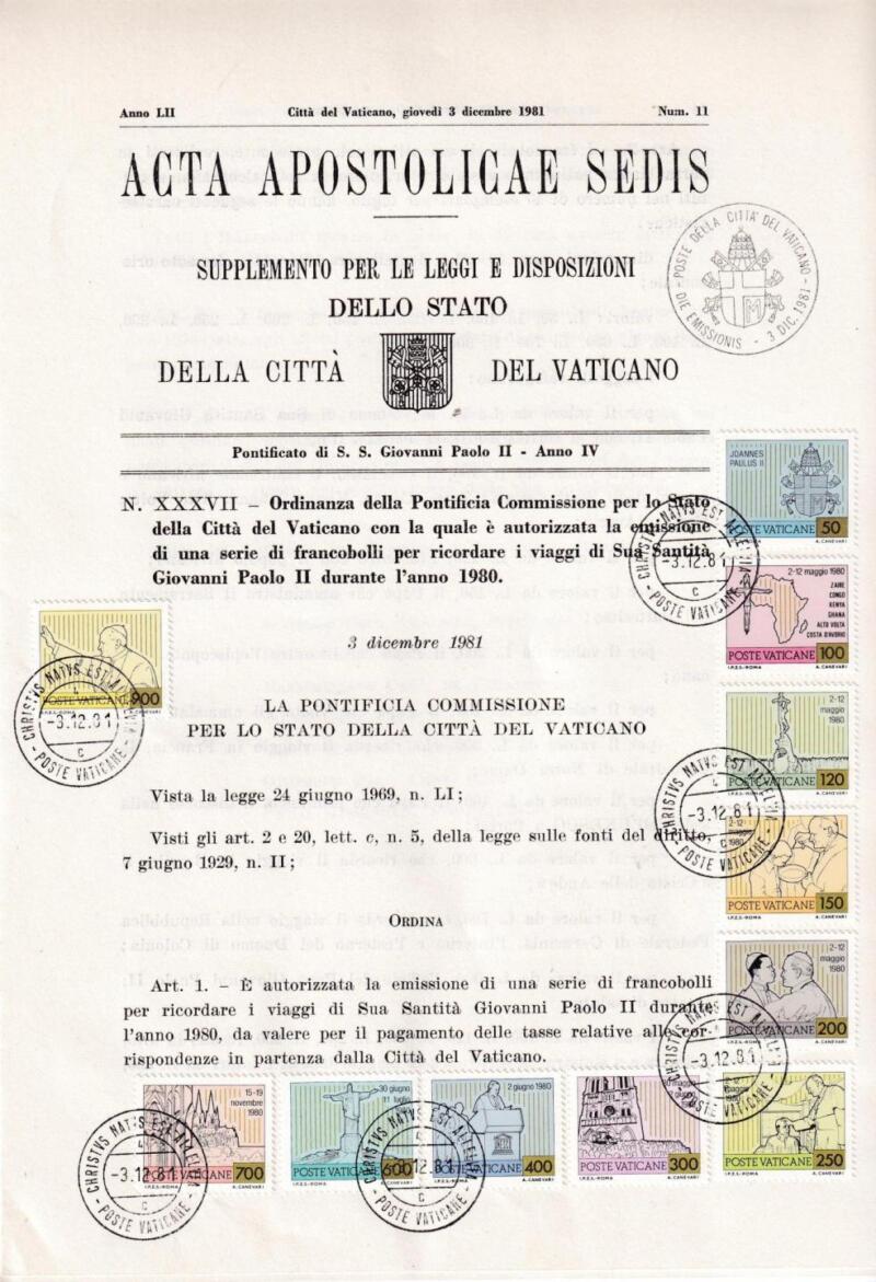 Acta Apostolicae Sedis Emissione Serie Francobolli celebrativi de I viaggi di Giovanni Paolo II nel 1980
