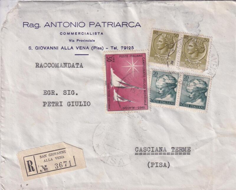 Storia postale. Raccomandata da San Giovanni alla Vena R 367 17/02/1966 Casciana Terme 17/02/1966