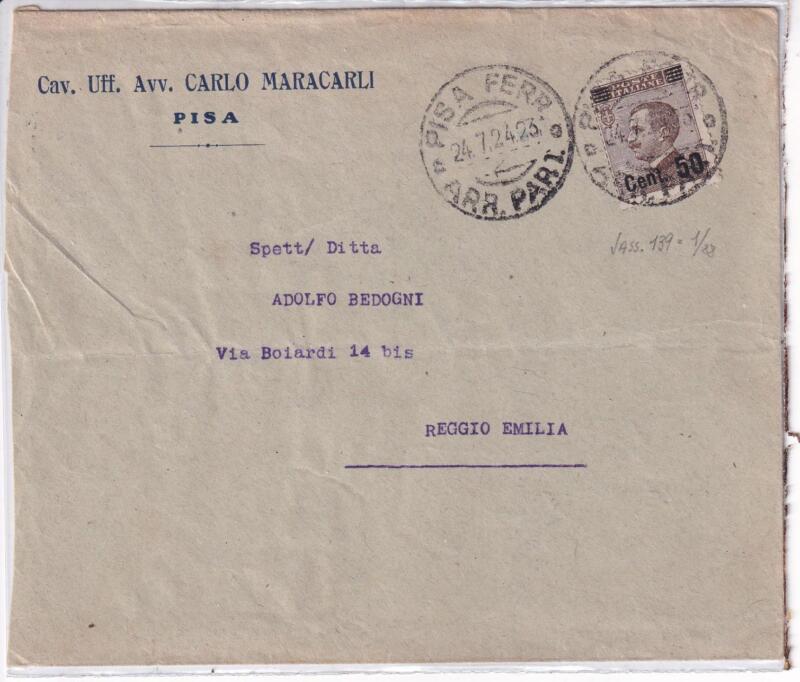 Storia postale. Lettera da Pisa 24/07/1924 a Reggio Emilia