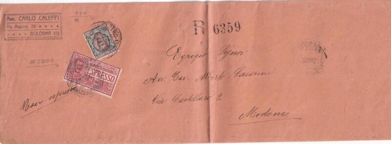 Storia postale. Espresso da Bologna R 6359 30/10/1924 a Modena 31/10/1924
