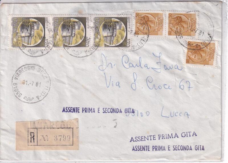 Storia postale. Raccomandata da Viareggio R 3799 31/07/1981 Lucca 01/07/1981