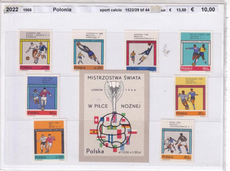 Francobolli e Foglietto Polonia, Anno 1966, Calcio (cat. n. 1522-1529, BF n. 44)