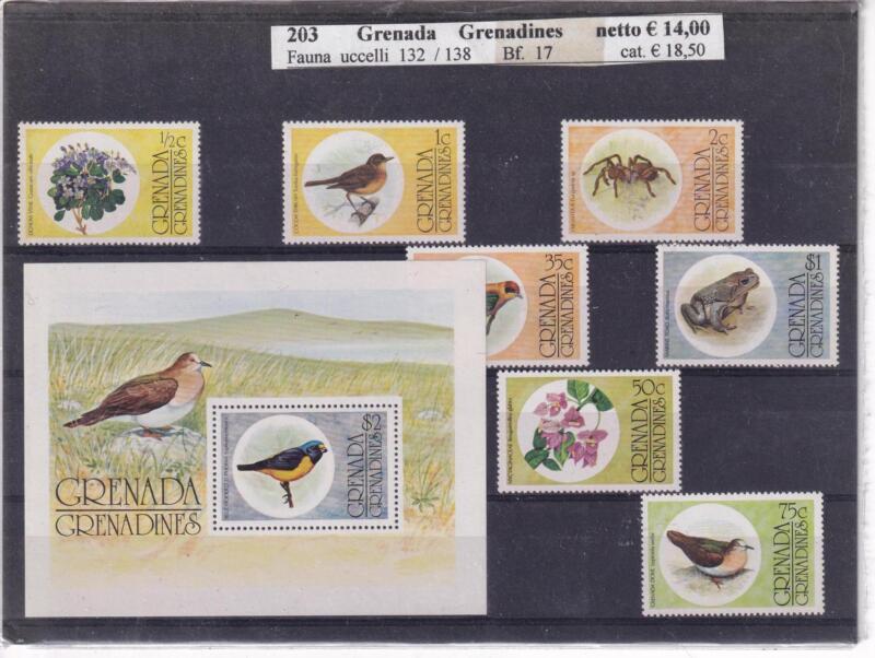 Francobolli e Foglietto Grenada e Grenadines, Fauna Uccelli (cat. n. 132-138 e BF n. 17)